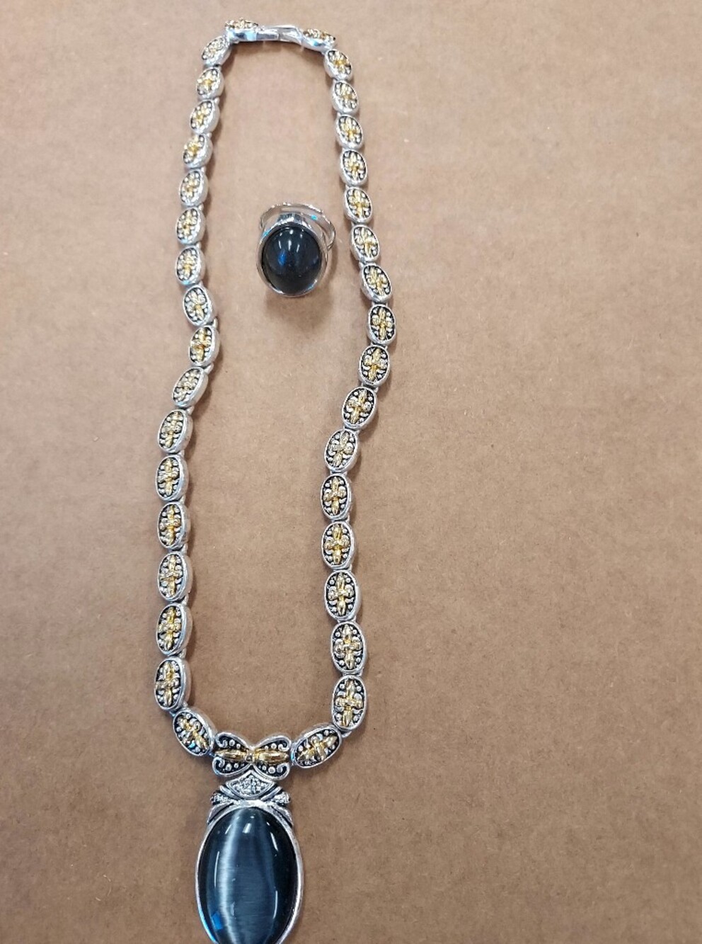 Silver Necklace with Gold-Tone Accents and Moonstone Pendant With Matching Ring